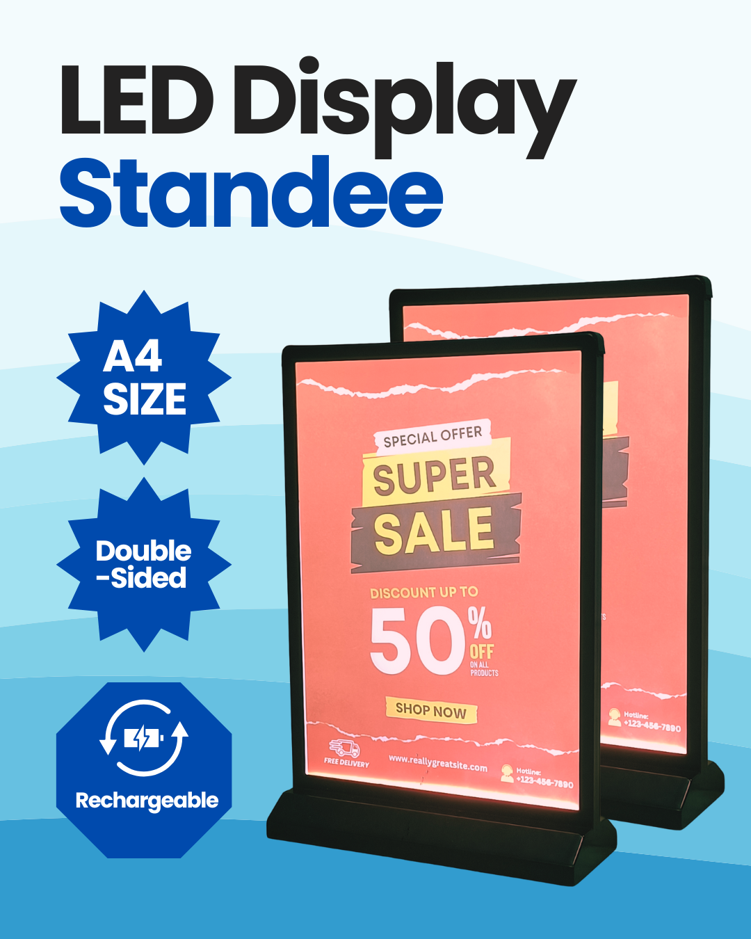 LED Display Standee – A4 | Double-Sided | Rechargeable